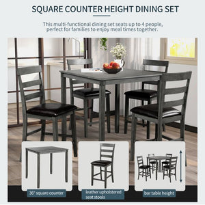 Kitchen Table and 4 Chairs Set, Heavy-Duty Wooden Dining Table Sets, Rectangular Dining Room Set with Leather Cushioned Chair, Perfect for Bar, Breakfast Nook, Living Room, Antique Gray, W10338