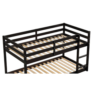Solid Wood Low Bunk Bed for Kids, Twin Over Twin Floor Bunk Bed with Safety Rail, Ladder, Heavy Duty Bunk Beds Mattress Foundation for Boys Girls, Space-Saving Bedroom Dorm Furniture, Espresso