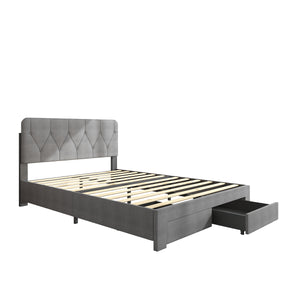 uhomepro Modern Upholstered Platform Bed with Adjustable Headboard, 2 Storage Drawers, Wood Full Bed Frame for Kids Adults, Bedroom Furniture with Wood Slat Support, No Box Spring Needed
