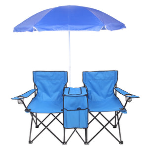 Beach Chair With Canopy, Folding Camping Chairs with Umbrella and Table Cooler, Portable Double-Chair with Beverage Holder for Beach, Camping, Picnic, Patio, Pool, Park, Outdoor, Blue, I5418