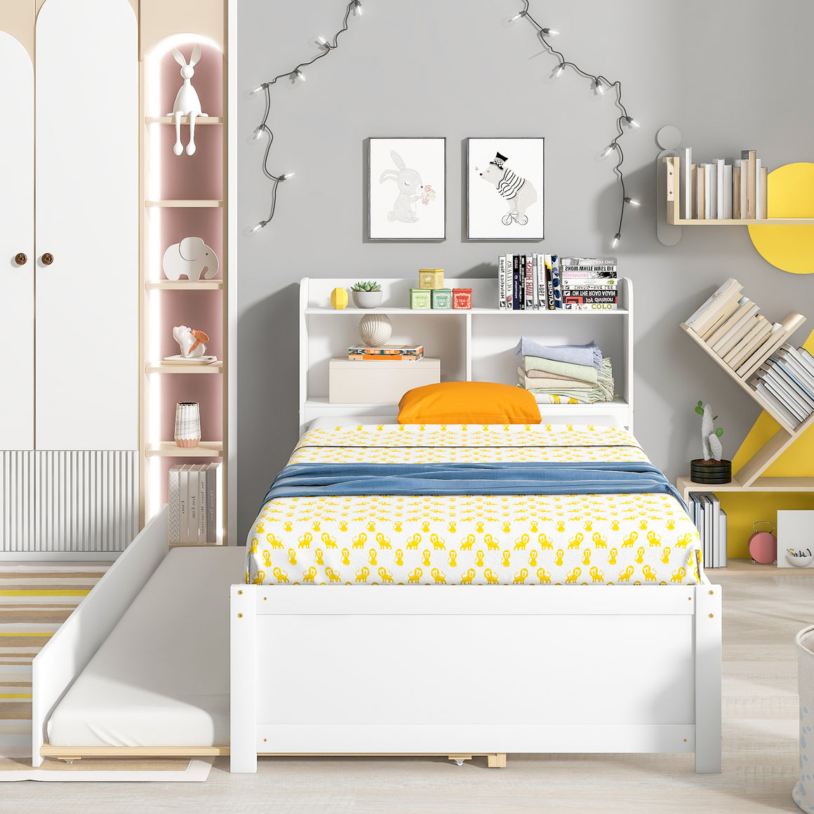uhomepro Twin Bed Frame with Bookcase Headboard and Trundle, Upgrade Pine Wood Platform Bed Frame for Kids, Modern Kids Bed Furniture for Bedroom, No Box Spring Needed