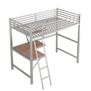uhomepro Twin Size Metal Loft Bed Frame with MDF Desktop Desk and Shelf, No Box Spring Needed