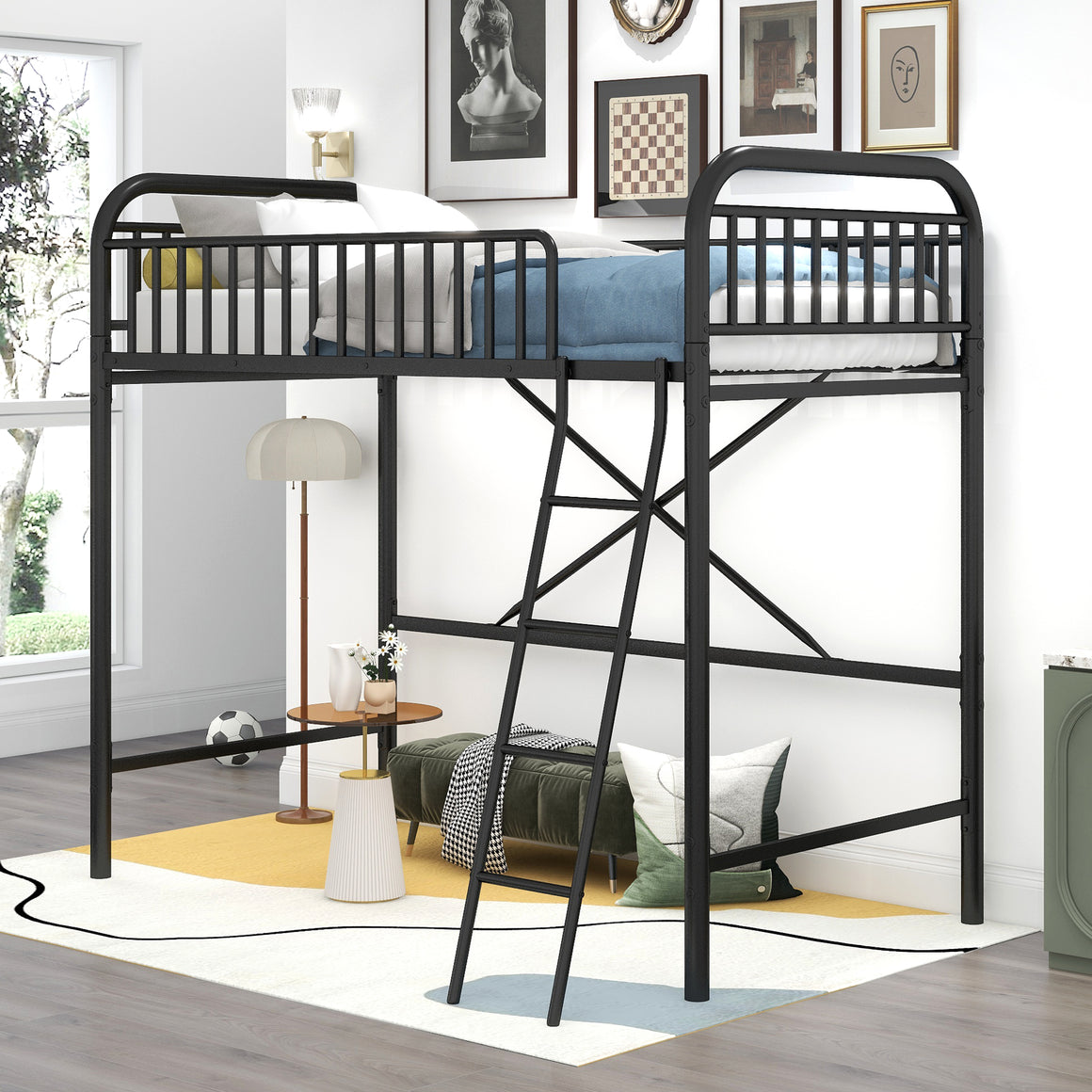 uhomepro Twin Size Metal Loft Bed Frame with Ladder, No Box Spring Needed, Black