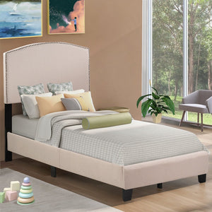 Platform Bed Frame, Twin Bed Frame with Headboard, Heavy Duty Upholstered Bed Frame/Mattress Foundation with Wood Slat Support for Adults Teens Children, Box Spring Required, CL887