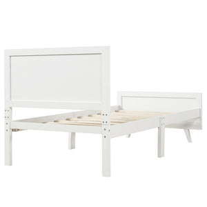 Twin Bed, White Wood Platform Bed Frame with Headboard and Footboard, Modern Bed Mattress Foundation Sleigh Bed with Solid Wood Slat Support for Adults Teens Children, Easy Assembly, L567