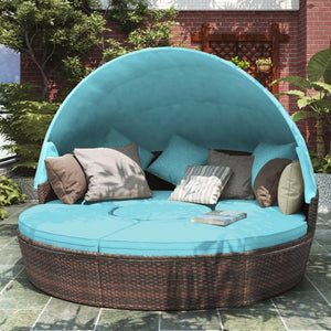 Patio Furniture Daybed Sets, Round Patio Daybed Sunbed with Retractable Canopy, Seating Separates Cushioned Seats, Brown Wicker Patio Conversation Sets, Outdoor Furniture for Garden Lawn Pool, W7862