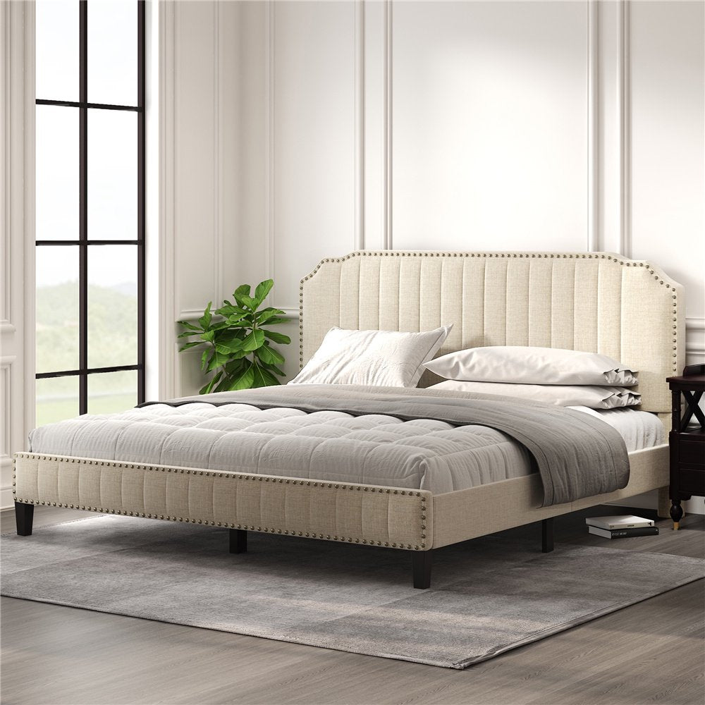 King Bed Frame, UHOMEPRO Modern Upholstered Platform Bed with Headboard, Cream Heavy Duty Bed Frame with Wood Slat Support for Adults Teens Children, No Box Spring Required, CL200