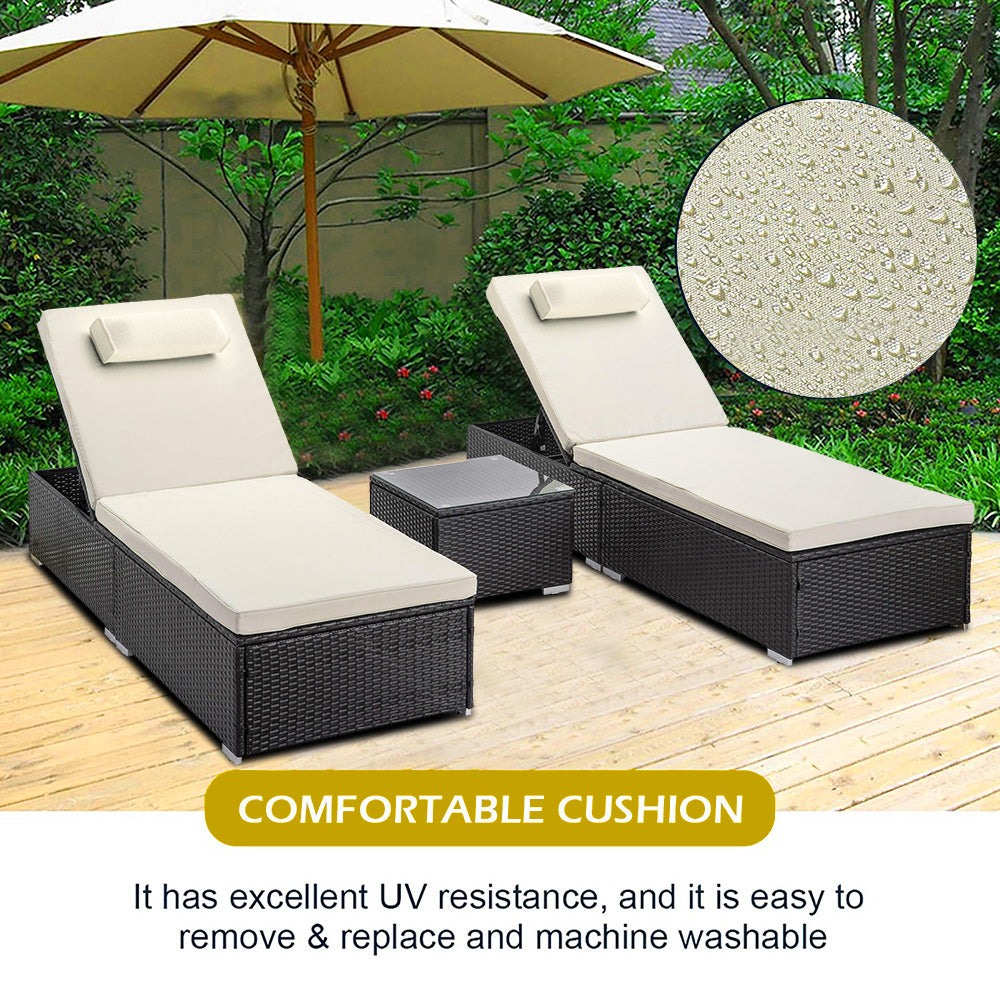 uhomepro 3 Pieces Patio Chaise Lounge Chair Recliner with Side Table Cushion Adjustable Back Rattan Wicker Outdoor Patio Furniture Set Beige