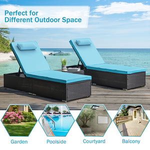 uhomepro Patio Chaise Lounge Set with Side Table, Adjustable Back Outdoor Rattan Lounge Chair Sunbed Lounger, Patio Furniture for Backyard Pool Balcony Deck, Blue, 3 Pieces
