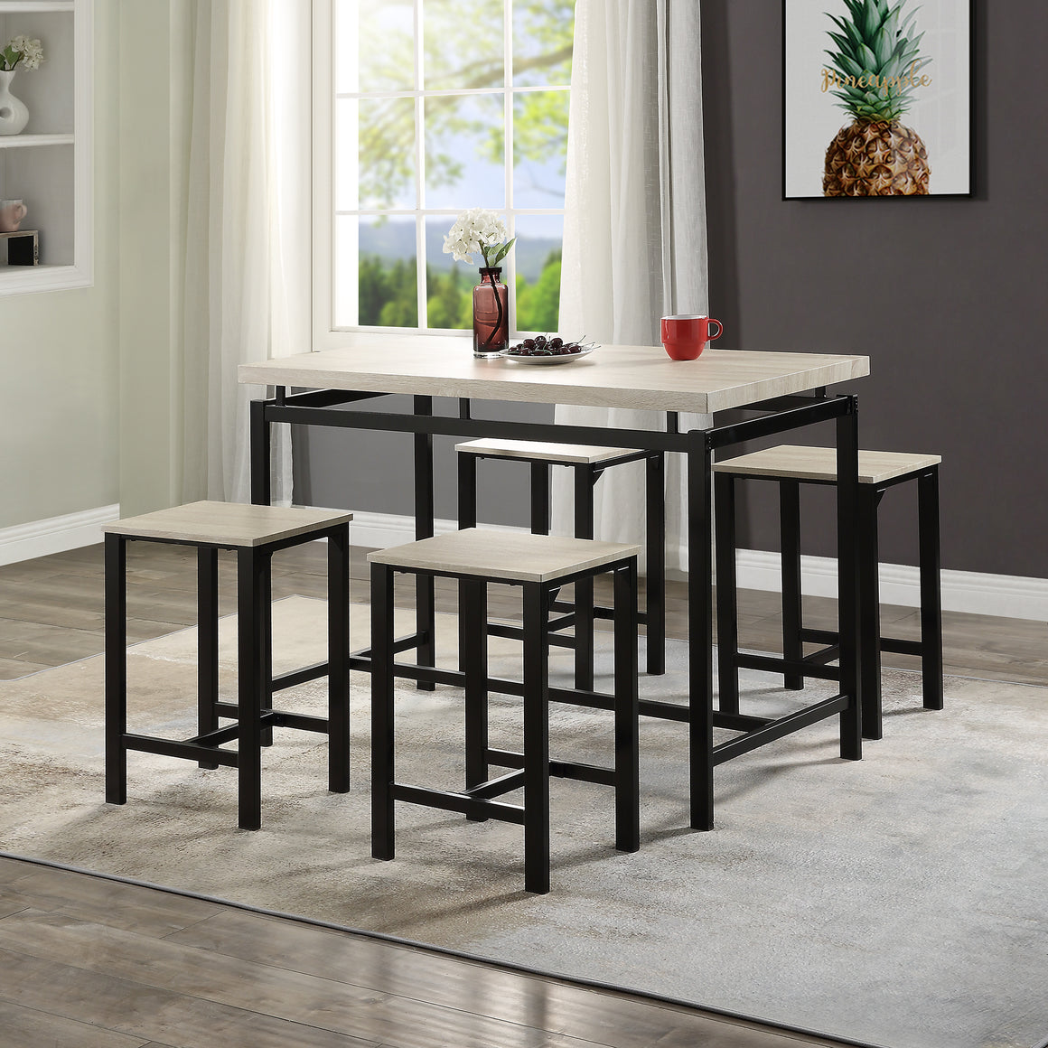 uhomepro Modern 5-Piece Counter Height Dining Set, Bar Pub Table Set with 4 Stools, Metal Frame Dining Room Table Set for Kitchen Small Apartment, Breakfast Nook