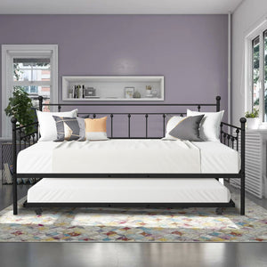 Twin Bed with Trundle Frame Set, Heavy Duty Vintage Metal Daybed with Roll-Out Trundle and Slat Support, Platform Bed Frame No Box Spring Needed, for Kid Room Living Room Guest Bedroom, Black, W15538