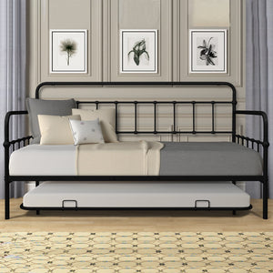 Daybed with Trundle Bed, Vintage Metal Bed Frame with Slat Support, Twin Bed Frame No Box Spring Needed, Saving Space Sofa Bed with Caster, Daybed for Kid Room Living Room Guest Bedroom, Black, W15522