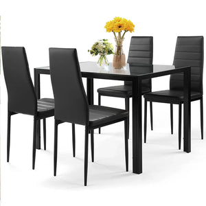 uhomepro 5-Piece Dining Room Table Set for 4 Person, Elegant Dining Table Set, Tempered Glass Top Home Kitchen Table with 4 PU Leather Chairs and Metal Dining Room Modern Furniture, Black