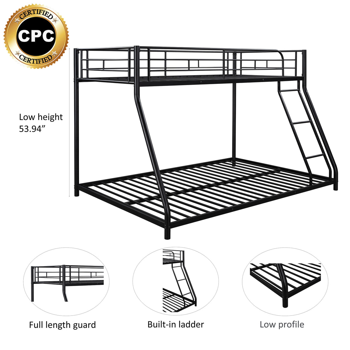 Bunk Bed Twin Over Full, Sturdy Metal Bunk Beds Twin Over Full Size, Heavy Duty Bunk Beds for Kids, Bed Frame with Flat Ladder, Metal Support Slat, Safety Guardrail, 78"Lx56"Wx54"H