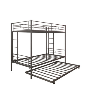Twin Over Twin Bunk Bed with Trundle, Metal Bunk Beds for Kids Adults Teens, Bed Frame Can Be Divided Into 2 Twin Beds with 2 Side Ladders, Metal Support Slat, Safety Guard Rail, Black