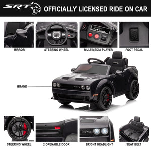 uhomepro 12 V Electric Ride on Car Licensed Dodge Challenger SRT Hellcat Series Toys for Kids, Battery Powered Vehicle with Remote Control, LED Light and MP3 Player, Black