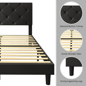 uhomepro Full Size Black Panel Bed Frame with Adjustable Headboard, Faux Leather Button Tufted Upholstered Platform Bed Frame