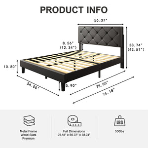 uhomepro Full Size Black Panel Bed Frame with Adjustable Headboard, Faux Leather Button Tufted Upholstered Platform Bed Frame