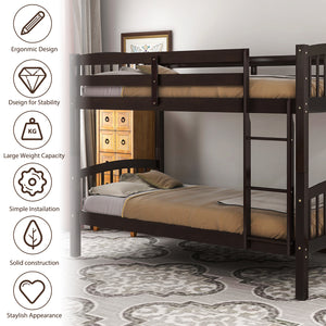 Bunk Bed Twin Over Twin for Kids, Wood Twin Bunk Bed Frame Can Be Converted into 2 Twin Beds with Safety Rail, Ladder, Heavy Duty Mattress Foundation for Boys Girls, No Box Spring Need, Espresso