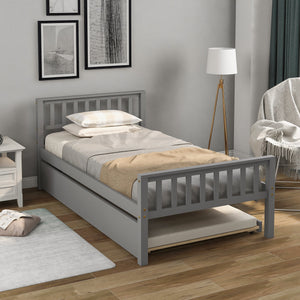 Twin Bed Frame with Trundle, Solid Wood Platform Bed Frame with Pull Out Trundle Bed Frame No Box Spring Needed, Modern Bed Frame for Kids, Teens and Adults, Bedroom Furniture, Gray