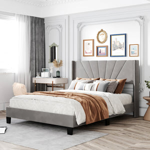 uhomepro Beige Queen Bed Frame with Velvet Upholstered Headboard, Modern Platform Bed Frame for Bedroom w/ Wood Slats Support, Need Box Spring