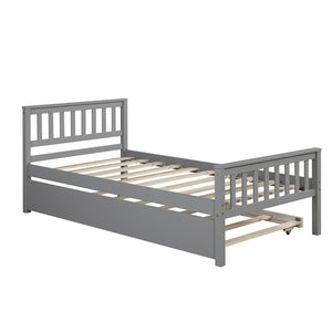 Twin Bed Frame with Trundle, Solid Wood Platform Bed Frame with Pull Out Trundle Bed Frame No Box Spring Needed, Modern Bed Frame for Kids, Teens and Adults, Bedroom Furniture, Gray