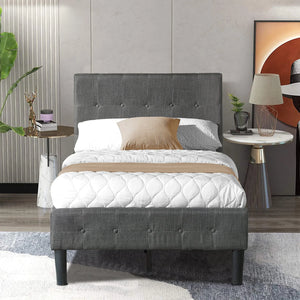 Twin Platform Bed Frame, Wood Twin Bed Frames with Headboard, Button Tufted Twin Bed Frames No Box Spring Needed, Modern Bedroom Furniture, Twin Bed Frames for kids/Adults, Gray