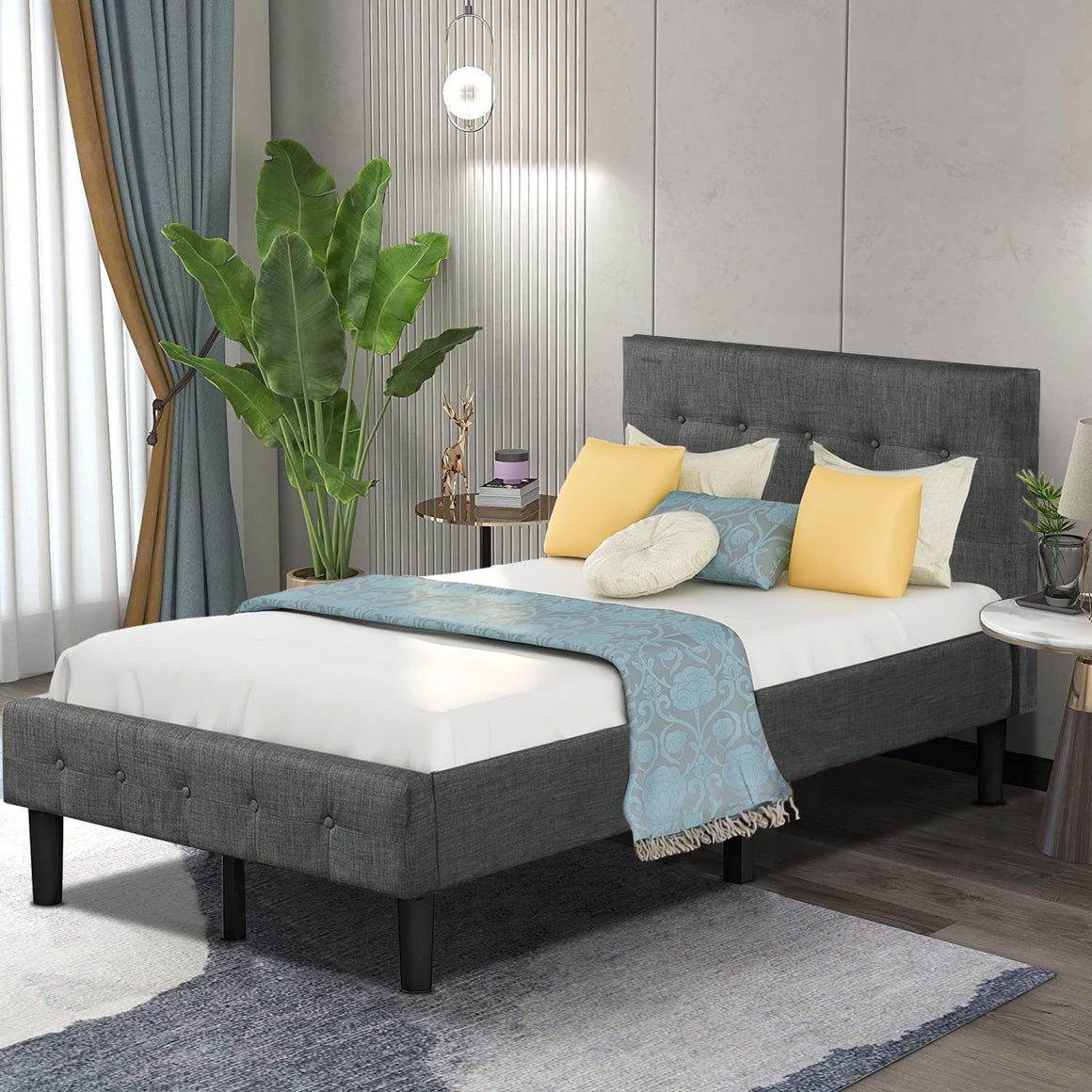 Twin Platform Bed Frame, Wood Twin Bed Frames with Headboard, Button Tufted Twin Bed Frames No Box Spring Needed, Modern Bedroom Furniture, Twin Bed Frames for kids/Adults, Gray, W7403