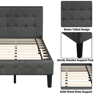 Twin Platform Bed Frame, Wood Twin Bed Frames with Headboard, Button Tufted Twin Bed Frames No Box Spring Needed, Modern Bedroom Furniture, Twin Bed Frames for kids/Adults, Gray, W7403