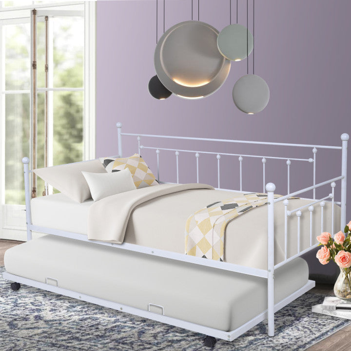 Twin Bed with Trundle Frame Set, Heavy Duty Vintage Metal Daybed wth Roll Out Trundle and Slat Support, Platform Bed Frame No Box Spring Needed, for Kid Room Living Room Guest Bedroom, GrayWhite