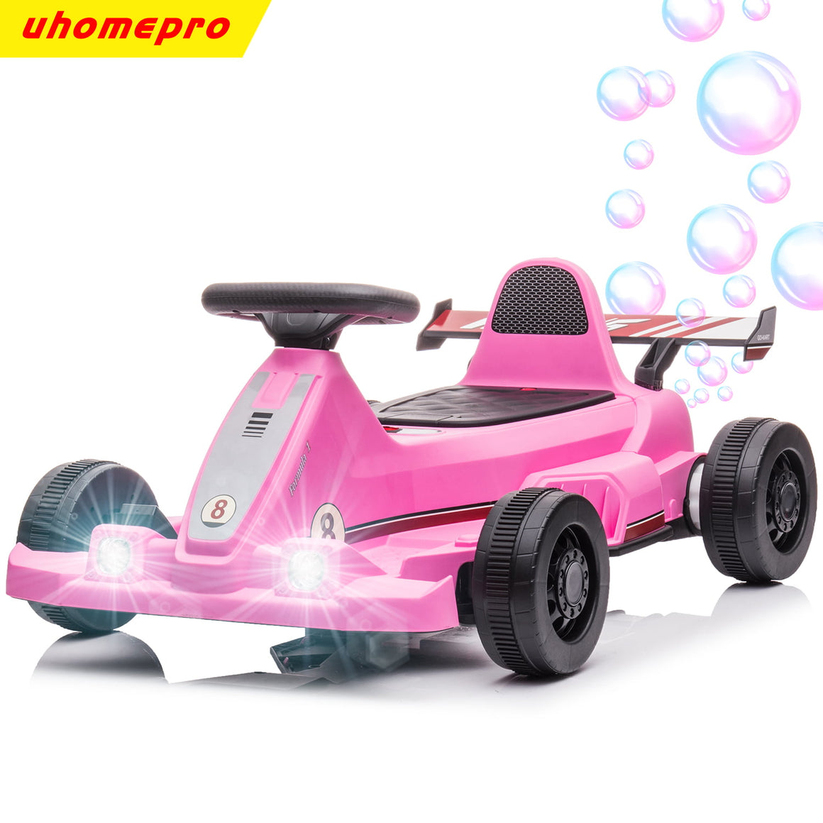 uhomepro Pink 6V Powered Ride on Electric Go Kart with Make Bubbles Function LED Light and Horn