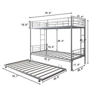 Twin Over Twin Bunk Bed with Trundle, Metal Bunk Beds for Kids Adults Teens, Bed Frame Can Be Divided Into 2 Twin Beds with 2 Side Ladders, Metal Support Slat, Safety Guard Rail, Black