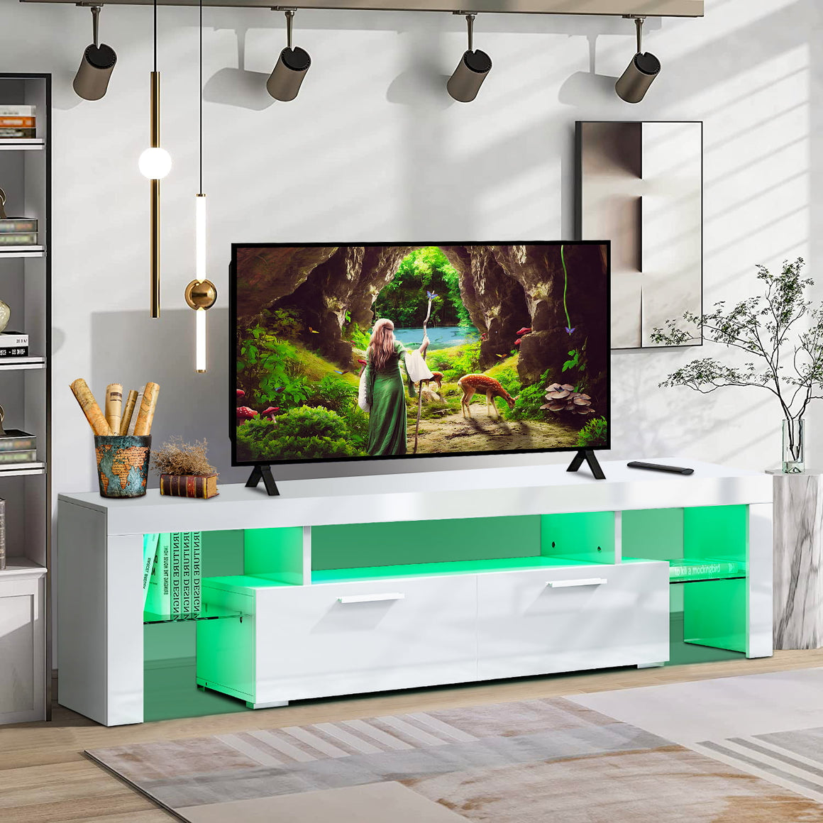 Black TV Stand with 16 Colors LED Remote Control Lights, TV Console Cabinet Table for TV up to 80"