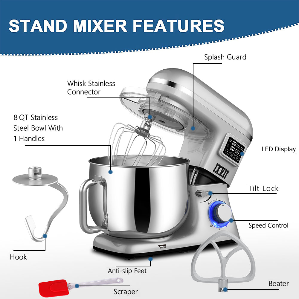 uhomepro 7.5 QT Stand Mixer for Kitchen, 6+0+P-Speed Tilt-Head 660W Dough  Mixer, Home Commercial Mixing Electric Kitchen Cake Mixer W/ Dough Hook,  Beater, Egg Whisk, Spatula, Dishwasher Safe, Silver 