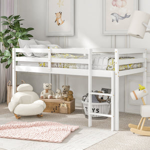 Kids Loft Bed with Ladder and Guard Rail, UHOMEPRO Heavy Duty Wooden Bunk Bed Low Loft Bed Frame, Twin Loft Bed Frame No Box Spring Needed, Christmas/Birthday Gift, Bedroom Furniture, White, W14291