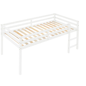 Kids Loft Bed with Ladder and Guard Rail, UHOMEPRO Heavy Duty Wooden Bunk Bed Low Loft Bed Frame, Twin Loft Bed Frame No Box Spring Needed, Christmas/Birthday Gift, Bedroom Furniture, White, W14282