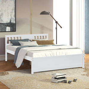 Queen Size Platform Bed Frame with Headboard, Solid Wood Foundation with Wood Slat Support, No Box Spring Needed, White