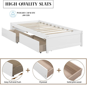 uhomepro Twin Bed Frames with Drawers, Solid Wood Platform Bed Frame with Storage Drawers, Twin Size Daybed Bed for Kids Teens Adults, No Box Spring Needed, White