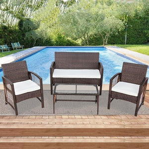 Patio Porch Furniture uhomepro 4 Pieces PE Rattan Garden Furniture Wicker Chairs Sets with Coffee Table, Outdoor Conversation Sets, Patio Dining Set for Backyard Poolside Lawn, Brown, W7761
