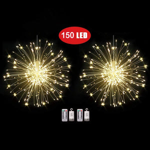 Starburst Lights, Battery Operated Hanging LED String Lights with Remote Control, 8 Modes Dimmable Christmas Decorative Fairy Fireworks Light for Bedroom, Garden, Patio, Party, 150 LED, 2 Pack, I4122