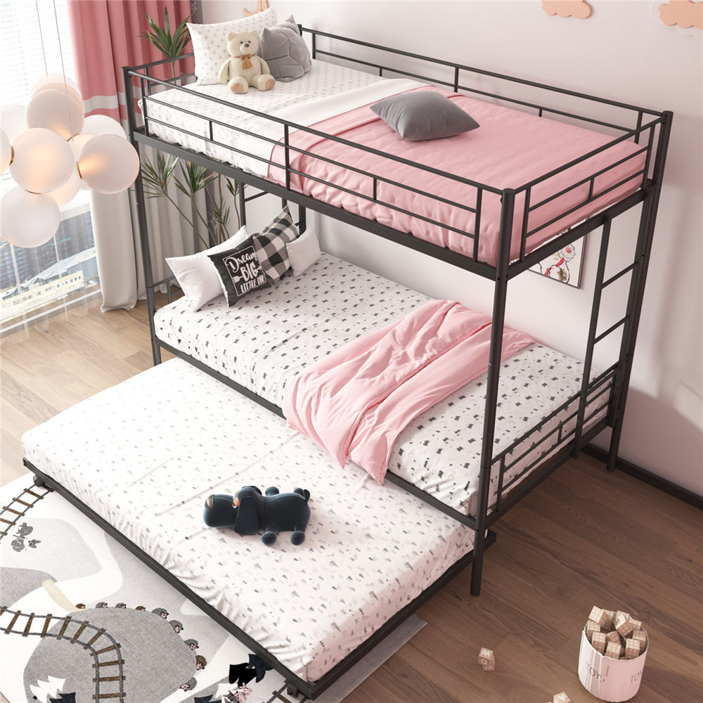Bunk Beds for Kids, Twin over Twin Bunk Bed with Trundle, Heavy Duty Twin over Twin Bunk Bed with Ladder and Safety Rail for Boys Girls, Black Metal Twin over Twin Bunk Bed for Bedroom/Dorm, L2633