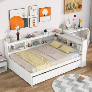 Kids Bed Frame with L-shaped Bookcase and Drawers, No Box Spring Needed