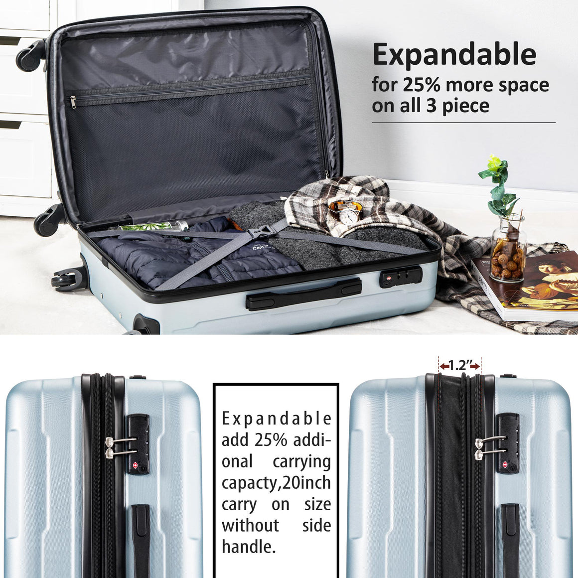 3 Piece Luggage Travel Set, 20" 24" 28" Carry on Luggage with Spinner Wheels, TSA Lock, Lightweight Hard Case Luggage Travel Suitcase for Business Trip Holiday Travel Cruise