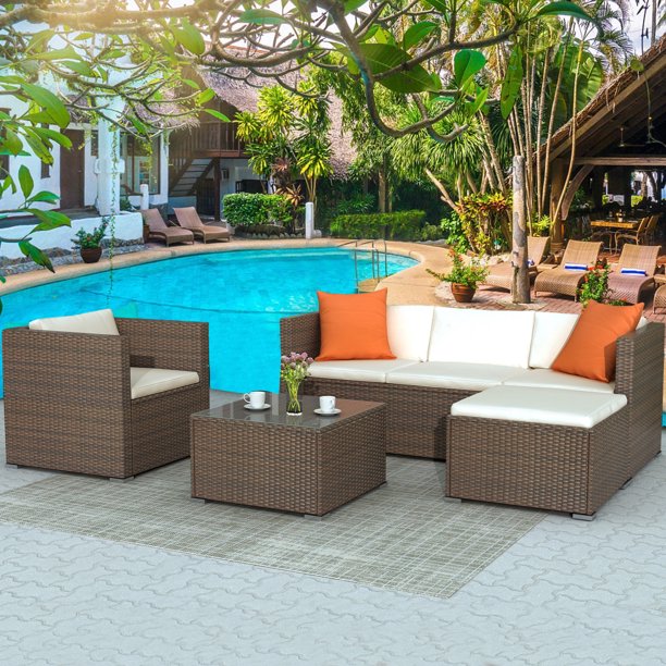 Outdoor Sectional Sofa Sets, UHOMEPRO 4 Piece Patio Wicker Patio Furniture Set, Patio Sectional w/3-Seat Sofa Armchair Ottoman&Coffee Table, Patio Conversation Sets for Backyard Lawn Garden, W10802