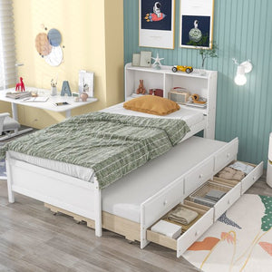 uhomepro Kids Bed with Bookcase, Trundle, Drawers, No Box Spring Needed, White