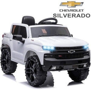Ride on Truck with Remote Control, Chevrolet Silverado 12V Ride on Toys , Ride on Cars for Boys Girls, White Electric Cars for Kids to Ride, LED Lights, MP3 Music, Foot Pedal, CL203