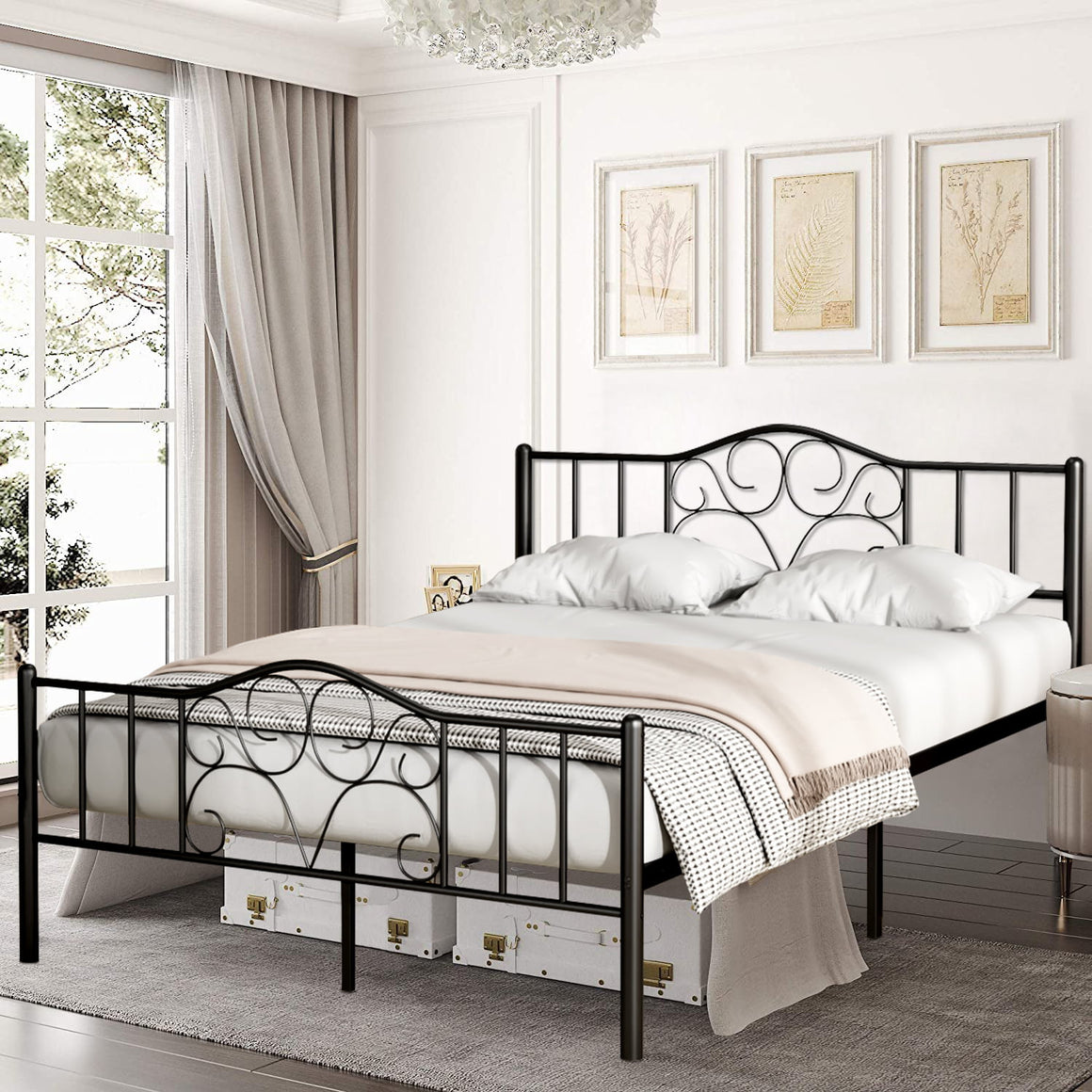 Metal Platform Bed Frame, Queen Bed Frame with Headboard and Footboard, Bed Frame No Box Spring Needed, Queen Size Bed Frame for Kids Adult, Iron Bed Frame for Bedroom Furniture, Black