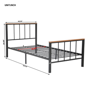 Twin Size Bed Frame for Kids Adult, Heavy Duty Metal Platform Bed Frame with Headboard and Footboard, Antique Black Baking Paint Iron-Art Bed with Wood Decoration, No Box Spring Needed, W9996
