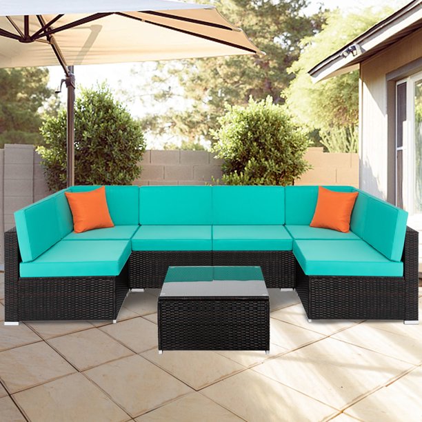 7 Piece Patio Wicker Sofa Set, Outdoor furniture Patio Conversation Set with Coffee Table, Rattan Sofa Sectional Furniture Set, Outdoor Couch for Backyard, Lawn, Peacock Blue Cushion, W9468