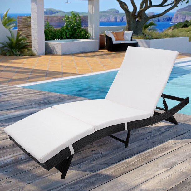 Chaise Lounges Chairs Outdoor, Rattan Patio Chaise Lounge Chairs with Adjustable Back& Cushion, All-Weather Sun Chaise Lounge for Backyard, Pool, Balcony, Deck, Patio Furniture, S Style, Black, W9211